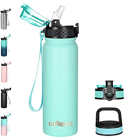 GOPPUS Botella Agua Acero Inoxidable 600ml/20oz con Pajita Botella Deportiva Aislada Frasco Frío con Pajita Botellas Agua Metal Abatibles Doble pared Termo a Prueba Fugas para Gimnasio con 3 Tapas