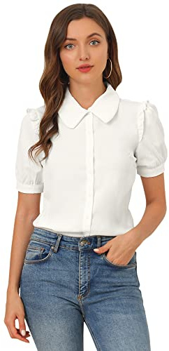 Allegra K Peter Pan Collar Shirt Women Summer Puff Short Sleeve Button Down Blouses Vintage Work Tops Small White