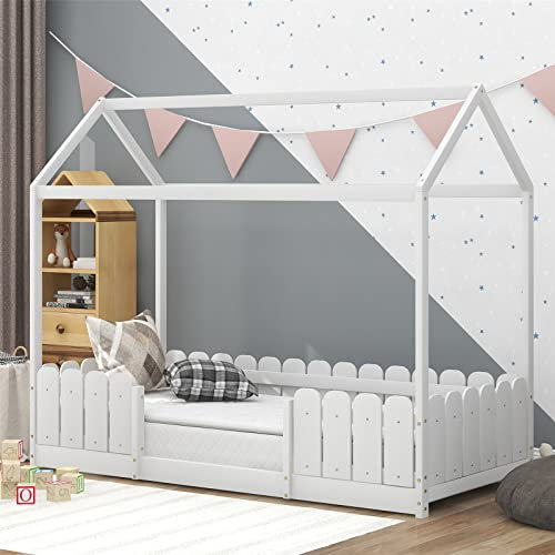 HUMNZR Hausbett 90x200 cm - vielseitiges Holz Kinderbett für Jungen & Mädchen - Mit Rausfallschutz und Lattenrost (Ohne Matratze),White