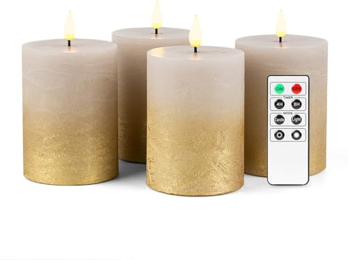 Fanna 4 flamlösa LED-pelarljus med timer för krans, batteridrivna rustika vaxljus med fjärrkontroll till jul, 8 batterier ingår – H 10 cm – sandgrå/guld