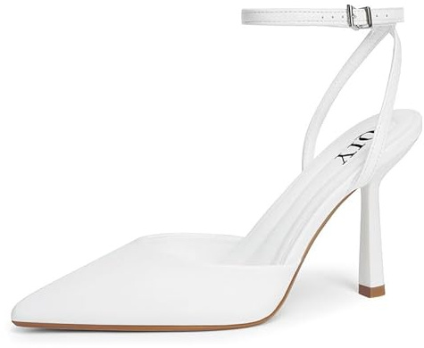 QIY White Pumps for Women Dressy Sling Back Heel White Pointy Pointed Toe Heels Heeled Sandals Closed Toe Ankle Strap Stiletto High Heels Dress Bridal Wedding Shoes Size 8
