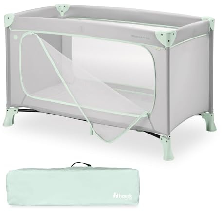 hauck Dream N Play Plus, Dusty Mint – Barnresesäng med transportväska – stor slip att leka – liten hopfällbar – baby resesäng småbarn från födseln upp till 15 kg | Liten hopfällbar med bärväska från födseln upp till 15 kg/3 år, 2-i-1 barnresesäng & lekhage (utan madrass)