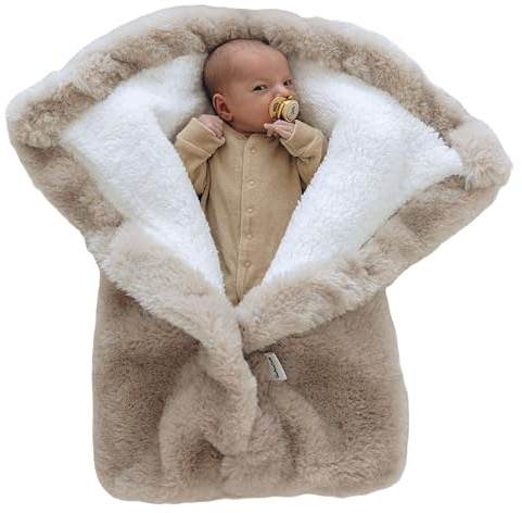 Bebeezoo Warm Swaddle Blanket for Baby Boy or Girl, Multi Use Baby Wrap Swaddle, Ultra-Soft Fleece Interior Plush Exterior, Winter Stroller Blanket, Cold Weather Baby Swaddle (Beige, 0-6 Months)