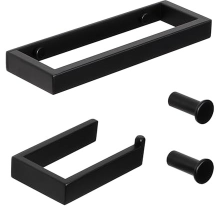 SAYAYO 4-Piece Black Bathroom Accessory Set 15CM Toilet Roll Holder Wall Mounted, 20CM Towel Rail Hand Towel Holder and 2Pcs Coat Hooks for Hanging, SUS304 Stainless Steel, EG2404-SET-B