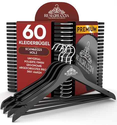 60 Grucce Appendiabiti in Legno Nero per Vestiti Abiti Giacche Camicie - RealGruccia Barra porta Pantaloni Tacche Antiscivolo e Gancio Girevole 360° - Finitura Lucida e Profilo Smussato - 22x45cm