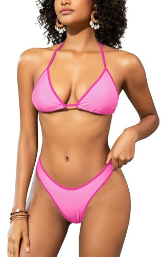 SHEKINI Women Triangle Bikinis Halter String Bikini Set Cheeky High Cut Sexy Two Piece Thong Swimsuit Bathing Suits, Light Pink, Small