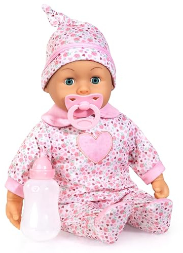 Bayer Design 93824CQ Babypuppe interaktiv, Spielpuppe sprechend, weicher Körper, Schnuller, Flasche, 38 cm, Beige, Rosa