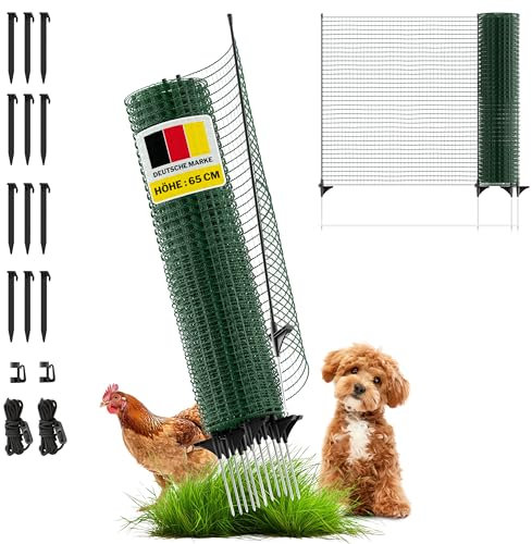 horizont Begrenzungszaun FIX, mobiler Zaun 65 cm hoch, 15m lang, engmaschig, 9 Pfähle, Welpenzaun, Beetschutz, Gartennetz, Campingzaun, Absperrzaun, Steckzaun