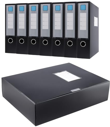 HEIYUET Lot de 8 Boîtes de classement à monter en plastique noir, avec dos de 75 mm de large, Boite Archive pour documents A4, Organisateur de Bureau, Rangement Papier Administratif