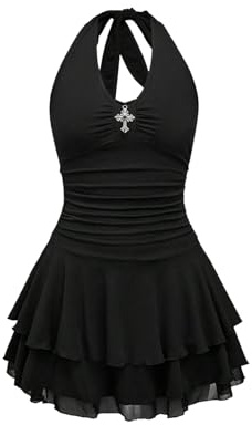 GORGLITTER Women's Cross Decor Tiered Ruffle Sleeveless Halter Dress Ruched Backless A Line Swing Party Mini Dress Black Large