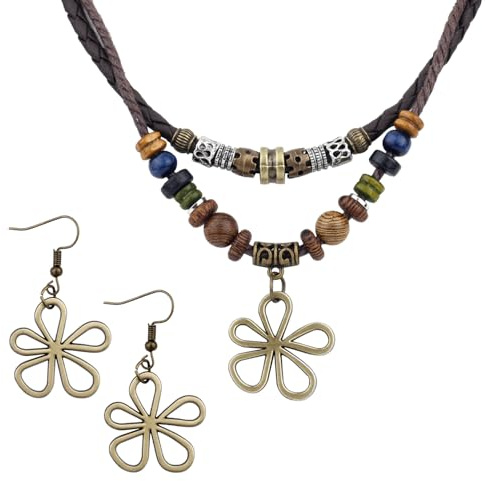 Mikovivi Multi-Layer Wood Bead Necklace with Hollow Flower Earrings, Boho Hippie Necklaces Unisex Bohemian Jewelry for Men Women