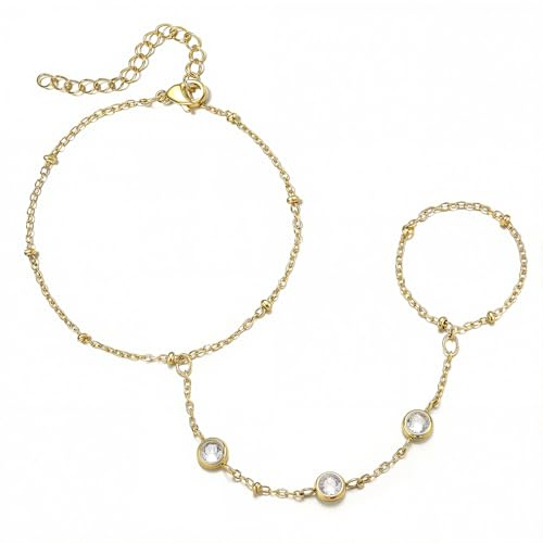 Emibele Pulsera Cadena Mano Para Mujeres, 18K Baño De Oro Cadena Mano Con Anillo Dedo, Cubic Zirconia Acero Inoxidable No Se Empaña Pulseras Oro Para Mujeres, Joyería Día San Valentín Regalos