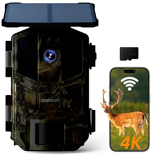 iZEEKER Solaire WiFi Caméra de Chasse, 4K 64MP Bluetooth Caméra de Chasse avec Vision Nocturne, 0,1s Temps de Déclenchement Activé par Mouvement, 5200mAh Batterie