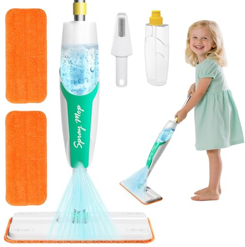 LSCLCIN Kids Spray Mop Toy – Toddler Cleaning Set with Real Water Sprayer, Microfiber Mop Pads & Scraper – Pretend Play Montessori Cleaning Toys Gift for Preschool Toddlers Kids Boys and Girls