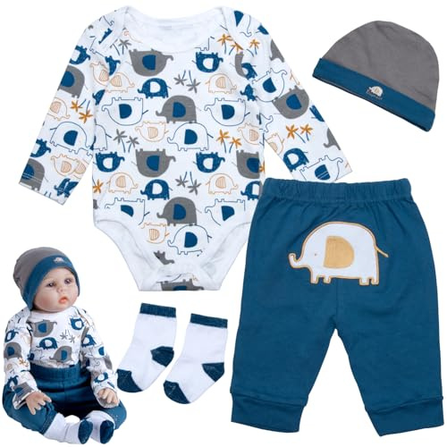 Lot de 4 vêtements de poupée Reborn pour poupées de 43 à 56 cm pour poupées bébé garçon éléphant Bleu Nouveau-né Accessoires vêtements
