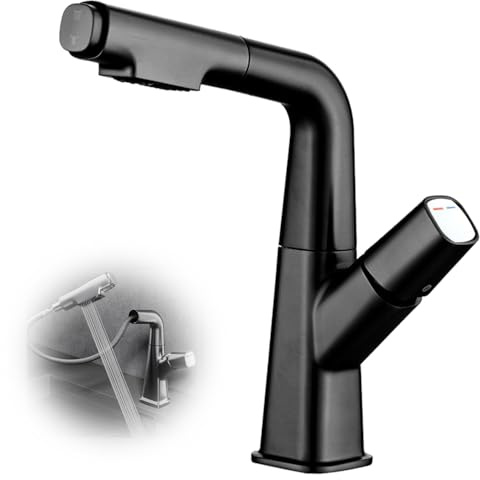 Rubinetto Lavello Cucina Nero con Estraibile, Alzabile e Abbassabile di 6 cm, Rotazione di 360°, Rubinetto con Due Modalità di Flusso Dell'acqua, con Tubo di Ingresso Dell'acqua da 60 cm (Black)