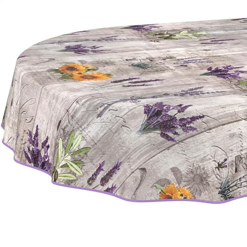 Nappe en Toile cirée - Lavable, Facile d'entretien et imperméable - Effet Lotus - Provence - Ovale - 200 x 140 cm - avec Ourlet (bordée)