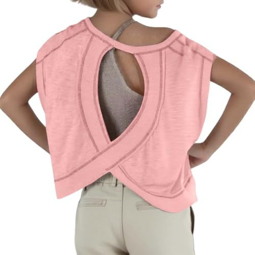 T-shirt de fitness décontracté décontracté à manches courtes pour filles, haut dos nu 2025, t-shirt de sport de yoga court dos nu (4 ans 12 ans), Rose, 5-6 ans