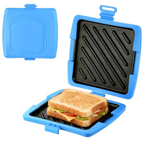 Hahorpa Smörgåsgrill för Mikrovågsugn, 16 X 16 Cm Smörgåsgrill med Avtagbara Aluminiumplattor och Silikonfodral, Mikrovågsugnstoaster för Panini Grill (Blå)