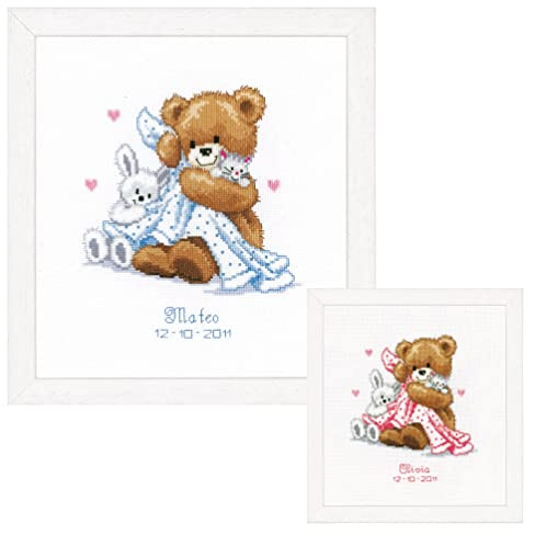 Vervaco Gezählter Kreuzstich Stickpackungen Stickset Baby Geburt Bär mit Decke Wanddekoration Handarbeit Set für Erwachsene Kreatives Handwerk ca. 20 x 22 cm Geburt Geschenk Hausdeko