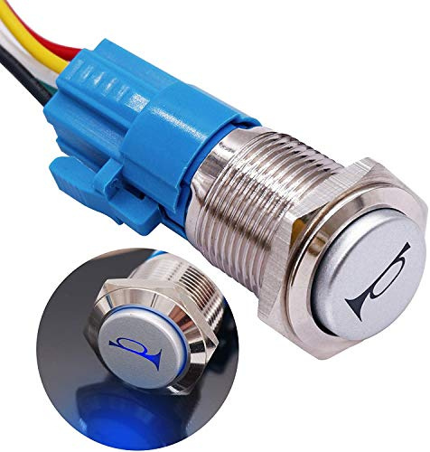 Taiss 19MM 12V pulsante clacson Interruttore a pulsante Momentaneo con blu Luce a LED,Metallo Interruttore a pressione per auto e barca campanelli altoparlanti,con Cavi pre-cablaggio HORNG19-BU
