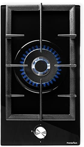 PremierTech PC301G Piano Cottura a Gas 1 Fuoco 30cm Vetro Nero Mono Bruciatore da Incasso Griglie in Ghisa Accensione Elettrica Modulo Domino Compatibile Metano e GPL Compatto per Casa Camper