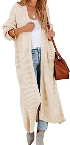 Women's Oversized Long Cardigan Sweaters Long Sleeve Split Open Front Drape Knit Duster Coat Beige