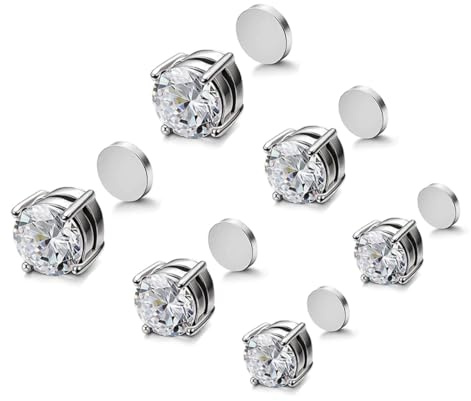 XOUDKE 3 Paar Ohrringe Set Edelstahl, Allergiefreie Ohrstecker Männer magnetische Ohrringe Creolen Zirkonia Ohrstecker Set Fake Plugs Ohrschmuck Hoop Piercing für Herren Damen Unisex Silber