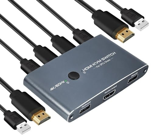 KVM Switch 4K 60Hz, Aluminium KVM Switch USB HDMI Umschalter für 2 Computer teilen 1 HD Monitor und Tastatur, Maus, Drucker, U-Disk