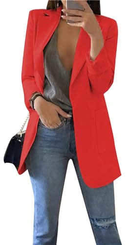 OMZIN Damen Büro Arbeit Kerbe Revers Eleganter Langer Blazer Tasche Offene Vorderseite Feste Farbe Langarm Jacke Rot XXL