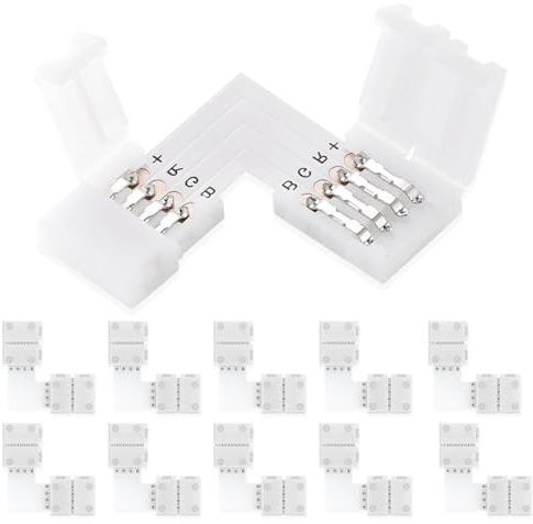 UBRAVE Conectores de luz LED,10pcs 4-Pin Conector clip para conexión de tira LED SMD5050 de 10mm,Conector de Barra de Luz LED,SMD 5050 Clip Conector Rápido Cinta LED,No se Necesita Soldadura, Forma L