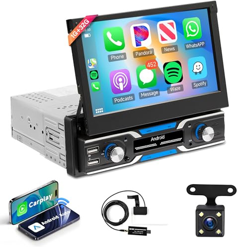 1 Din Android Autoradio avec Apple Carplay Android Auto Mirror Link Navi GPS WiFi Dab Adaptateur 7 Pouces Automatique Rétractable Tactile Autoradio avec Bluetooth FM/RDS/Dab+/OBD/SWC Caméra de Recul
