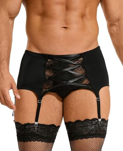 ohyeahlady Lace Suspenders Men Sexy Underwear Thigh Garter with Strong Clips Sissy Lingerie Clothing L (No Thongs) Black