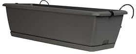 Planters Pride Ovaho 60cm Hanging Plastic Trough, Stone Grey | 26L Railing Planter with Hooks & Water Reserve | Self-Watering Fence Pot with Removable Saucer | Over-Fence Terrace & Balcony Planter