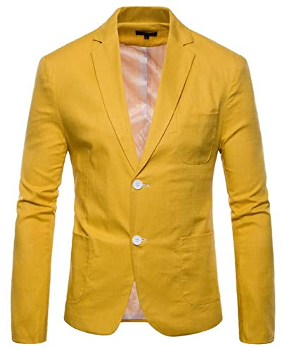 Suit Jacket Men's Plus Size Linen Suit Spring Summer Men's Fashion Men's Fashion Slim Fit Cotton Material Small Casual Blazer Jackets Regular Fit Man Suit Jacket, yellow, L