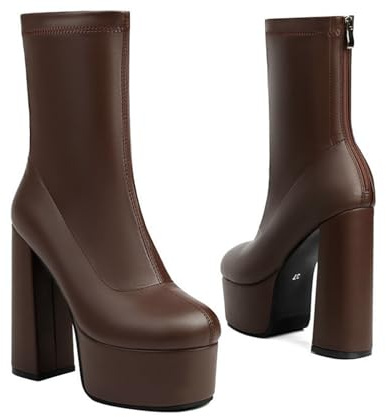 KUHAOFEU Stivaletti da Donna Tacco Alto Zip Punta Rotonda Polacchine con Plateau,Marrone,39 EU