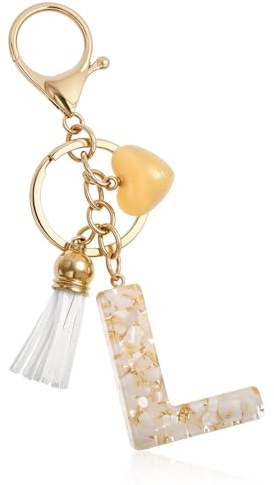 Ouligay Porte-clés lettre initiale L pour femme – Joli porte-clés avec pompon en forme de cœur pour sac à main, portefeuille (doré)
