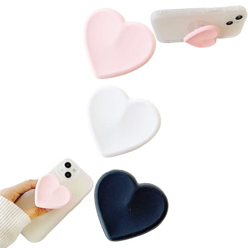 Leeneen Heart-Shaped Silicone Mobile Phone Grip Stand,Collapsible Cellphone Finger Grip Holder for Smartphone Tablet Cell Phone Accessory 3PCS (black white pink)