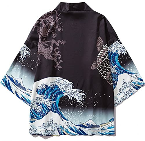 Ymxygz Cárdigan Tipo Kimono para Hombre, Chaquetas Japonesas, Mezclas De Algodón Informales, Abrigo con Frente Abierto, Estampado De Carpa Ondulada, Lino, Yukata, Ropa Tradicional Japonesa