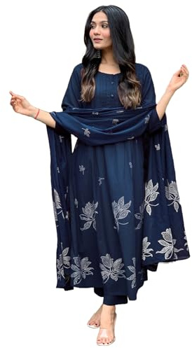 GoSriKi Women's Rayon Viscose Anarkali Printed Kurta with Pant & Dupatta