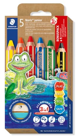 STAEDTLER Noris junior 3in1 Bunt-, Wachsmal- und Aquarellstift, extra bruchsicher, ideal für Kinder, für viele Oberflächen, Kartonetui mit 6 Duo Malstiften und Spitzer, 140 C6P1