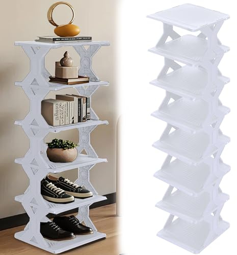 SUQ 8 Tier Supporti per Scarpe Stretti, Torre per Scarpe Angolari, Organizzatore di Scarpe Salvaspazio, Scaffale Impilabile per Ingresso, Corridoio e Armadio (Bianco)