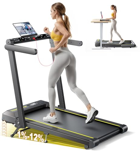 Tapis Roulant Elettrico Pieghevole 1-16km/h, 4 in 1 Tapis Roulant con 12% Pendenza, Salvaspazio per Casa e Ufficio, Doppio Display LED, Cardiofrequenzimetro, 12 Programmi, APP e Telecomando