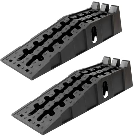TRUTZHOLM 2 x Auffahrrampe Auffahrkeil mit Überfahrstopper 90 x 30 x 21,5 cm hochbelastbar 5t Traglast Kunststoff Stapelbar für Wohnmbil PKW SUV rutschfeste Rampe für jeden Untergrund schwarz