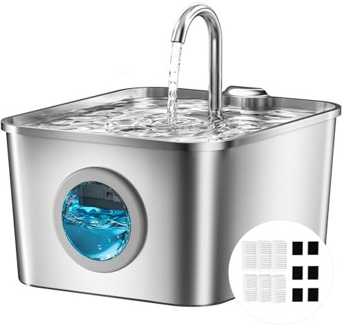 Fontaine a Eau Chat INOX - 2,6L Fontaine à Eau pour Chat Acier Inoxydable Automatique Silencieuse Fil avec Système de Quadruple Filtration, Facile à Mettoyer, 6 Filtres & 6 Sponges