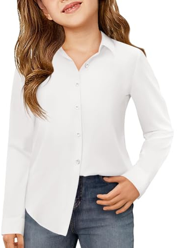 Haloumoning Blusas de manga larga para niña, con botones, camisa para niños, monocolor, con botones, básica, corte regular, uniforme escolar, 5-14 años