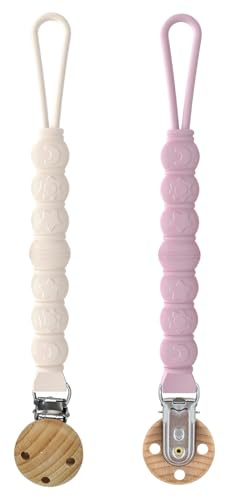 Cadena Chupete Bebe, Chupetero Silicona, Cadena Cuelga Chupetes, Diseño de Una Pieza, Juguetes Mordedores para la Dentición, Blanco+ Rosa