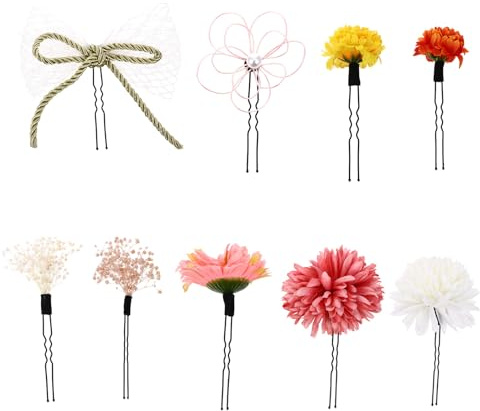 Veemoon Ornement de Cheveux Kimono 9 Pièces, Coiffe Japonaise Fleurs de Chrysanthème Préservées Rouges, Accessoires Féminins Légers et Élégants pour Mariage, Festival et Usage Quotidien