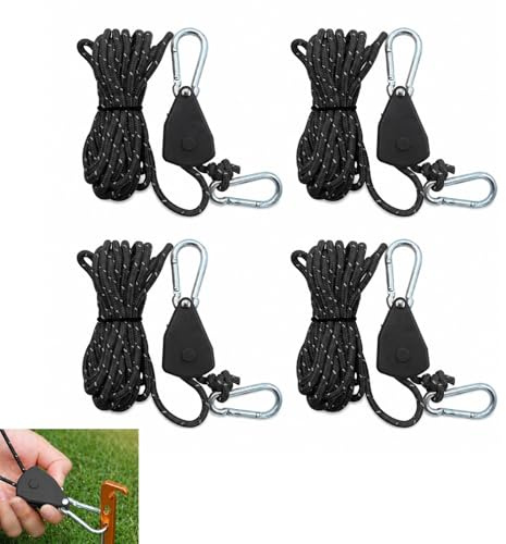 QLK Reflective Tent Guy Ropes, 4 mm Ratchet Ropes with Rope Tensioner, 4 M Adjustable Outdoor Tent Guide Rope Ratchet Hangers for Camping Hiking Awning 4Pack