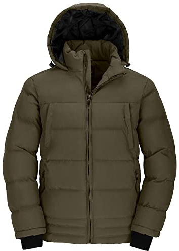 Wantdo varm vinterjacka för män, vattenavvisande utomhusjacka, quiltad parkas, bomullsstoppning, kappa, vindtäta jackor med huva, Grün, S